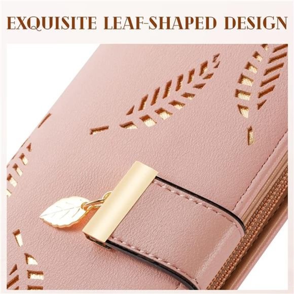 Women's Long Leaf Bifold Wallet Leather Card Holder Purse Zipper Buckle Clutch - Picture 2 of 6